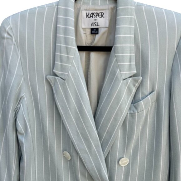 Kasper A.S.L. Womens Pinstriped Mint Green Double-Breasted Blazer Jacket 10 - Picture 2 of 9